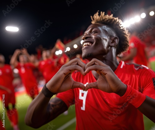 Soccer player wearing a red jersey with the number 9 on it is making a heart shape with his hands photo