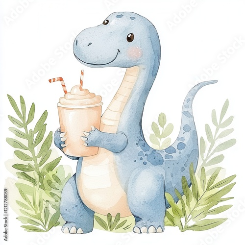 Charming brachiosaur enjoying a refreshing beverage in a lush forest watercolor illustration clipart playful environment whimsical viewpoint photo