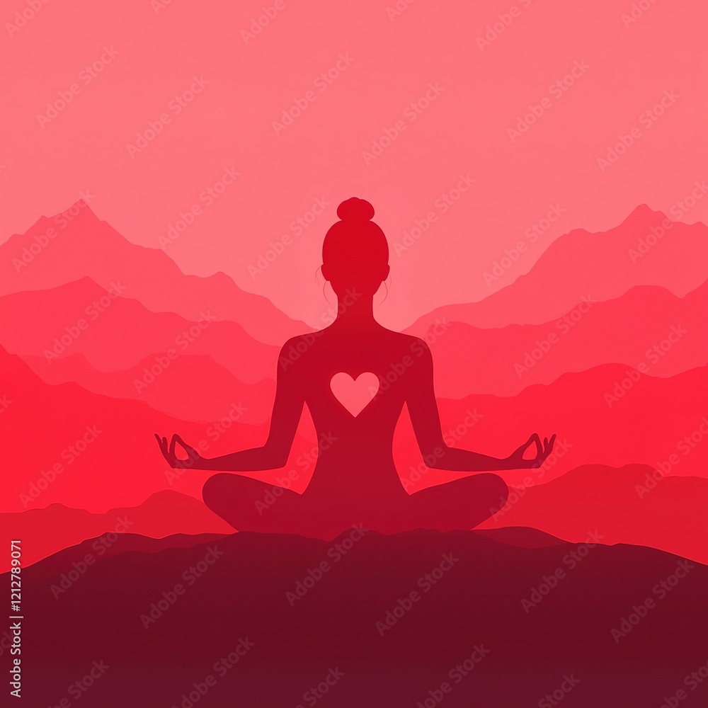A serene silhouette of a meditating figure against a vibrant red mountain backdrop, symbolizing peace and love with a heart shape in the chest. A serene silhouette of a meditating figure against a vibrant red mountain backdrop, symbolizing peace and love with a heart shape in the chest.