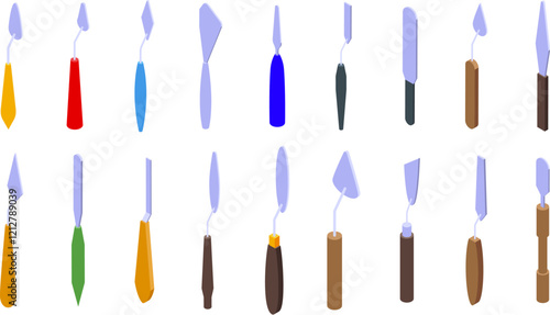 Palette knife icons set. Palette knives with various shapes and handles for applying and mixing paint, creating textured effects, and other artistic techniques