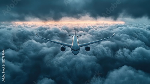 Airplane flying over clouds at sunset aerial view sky travel concept for adventure seekers photo