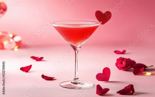 A Valentine's Day cocktail glowing with pink and red hues, garnished with heart-shaped fruits and rose petals photo