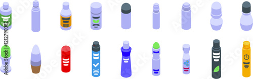 Antiperspirant bottles icons set. Deodorant and antiperspirant icons set, isometric view. Collection of various deodorant bottles and antiperspirant sticks for personal hygiene