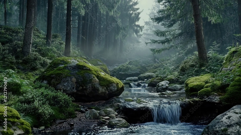 Misty forest stream, moss-covered rocks, sunrise, tranquil nature scene, poster Misty forest stream, moss-covered rocks, sunrise, tranquil nature scene, poster