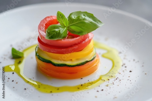 A colorful raw zucchini pasta with fresh tomato marinara sauce and basil leaves, served on a sleek white plate photo