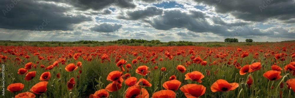Vibrant red poppies under overcast sky Vibrant red poppies under overcast sky