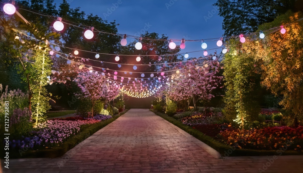 Fototapeta premium Stunning pathways adorned with glowing lanterns create a magical atmosphere amid blooming flowers.