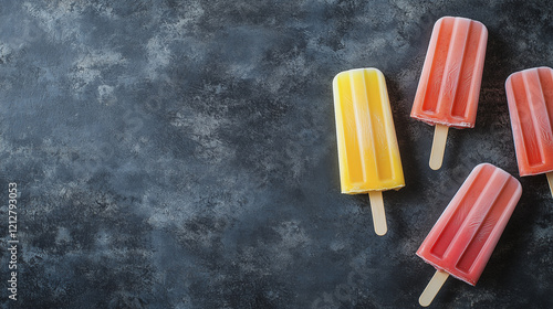 Three popsicles on a black background. Ice cream, fruit, sticks, , sweet, food. Colorful food with colorful sticks. A colorful ice cream with fruit and a colorful frosted whipped cream. Ice lifestyle.