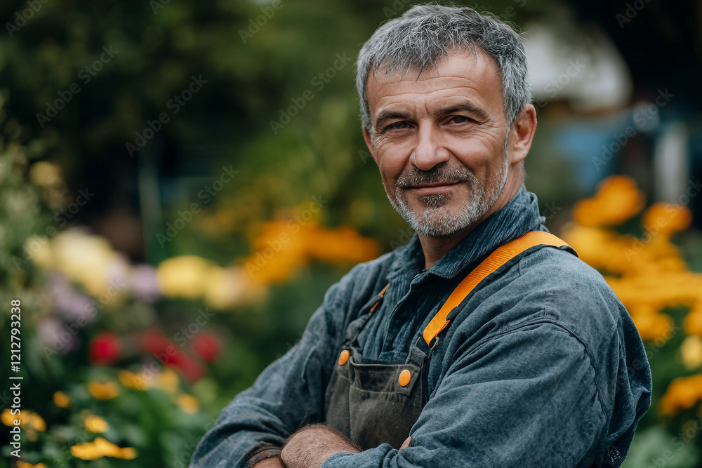 Smiling landscaping and gardening contractor in backyard garden generative ai Smiling landscaping and gardening contractor in backyard garden generative ai