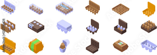 Egg package icons set. Different types of egg containers ensuring safe storage and transportation of fresh eggs