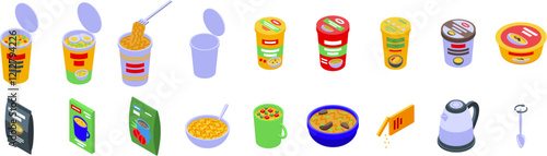 Instant soup icons set. Isometric icons representing different stages of preparing and consuming instant noodles and soups, showcasing packaging, cooking, and serving