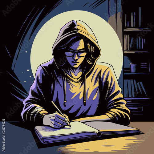 writer in a hoodie focused on writing in a notepad with a moonlit background