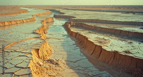 A hauntingly beautiful, cross-processed vintage film photograph of a desolate, arid riverbed, ravaged by the harsh dry season, captured in stunning 135mm portrait orientation, with the cracked, parche photo