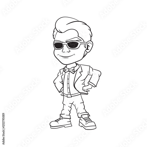 Cartoon illustration of a man wearing glasses and a suit and tie, vector outline 