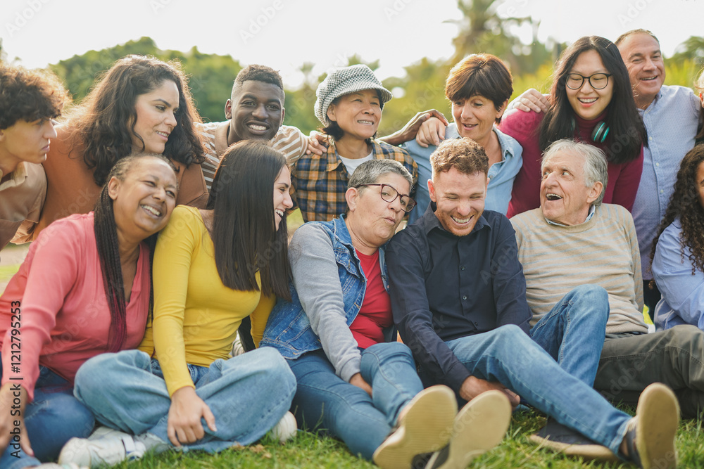 Fototapeta premium Crowd of multi generational people having fun together at city park - Multiracial friends hugging each other outdoor - Diversity and community concept