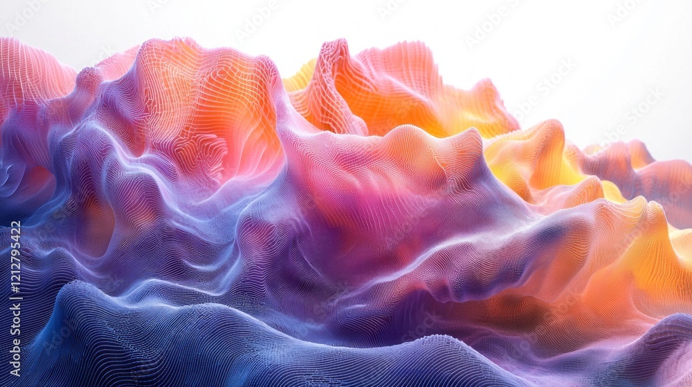 Obraz premium Dynamic and fluid shapes undulate in a symphony of colors, where bright purples, oranges, and blues merge seamlessly, evoking the sensation of vibrant sound waves in motion