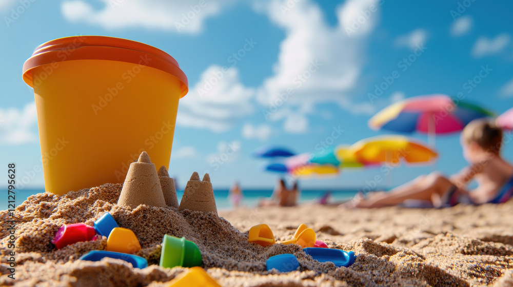 Building sandcastles at beach with colorful toys and bucket, creating joyful memories under sun Building sandcastles at beach with colorful toys and bucket, creating joyful memories under sun