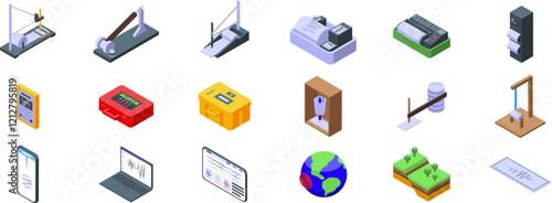 Seismograph icons set. Set of seismograph icons showing ground motion during earthquake for seismic surveying and geological exploration