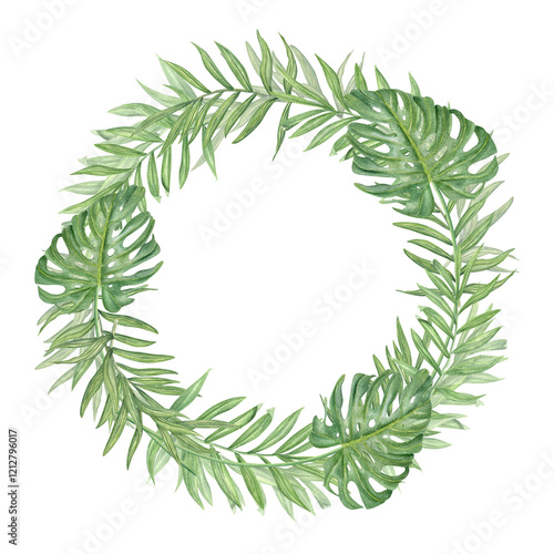 Watercolor tropical leaves wreath with copy space for text. Hand painted exotic monstera and palm green branches round frame isolated background. Summer plants illustration for greeting cards.