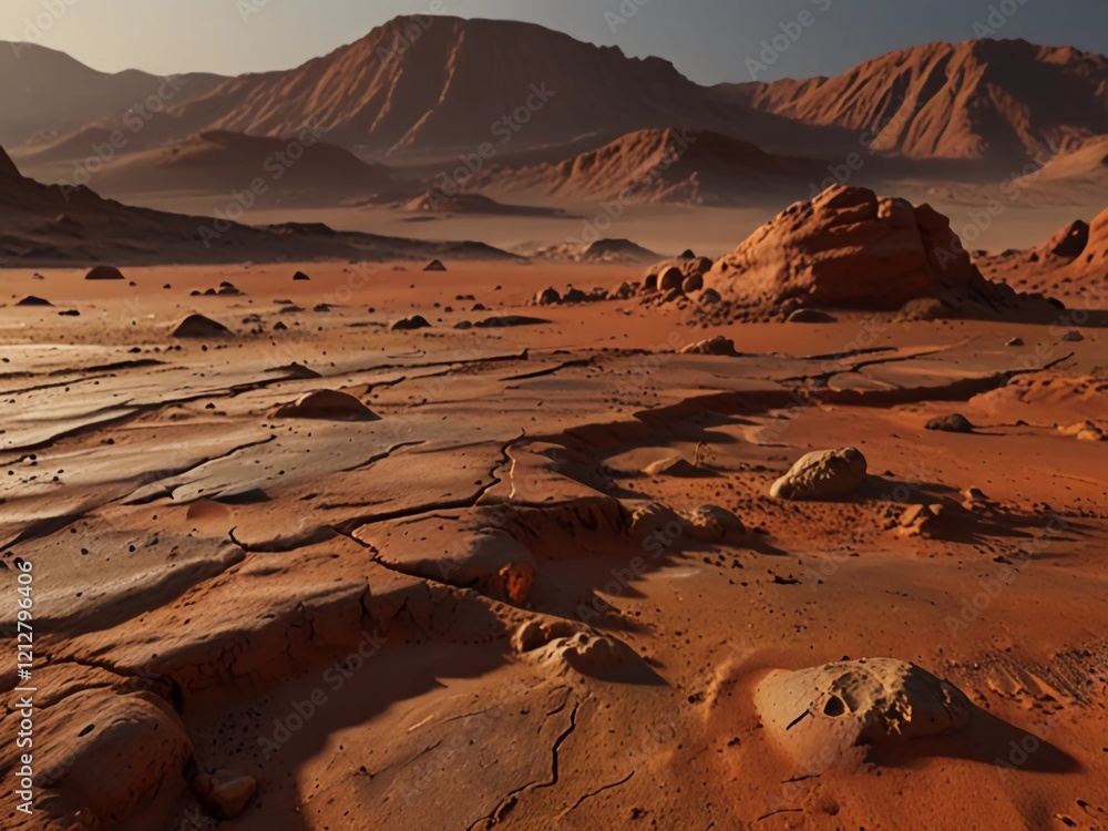 Fototapeta premium A desert landscape with a large canyon in the background, Image of a cracked and parched desert landscape, with dry earth and fissures extending into the distance,Sahara desert landscape, sandy ground