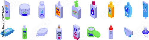 Baby cosmetics icons set. Essential toiletries for newborns, providing comfort and protection for delicate skin