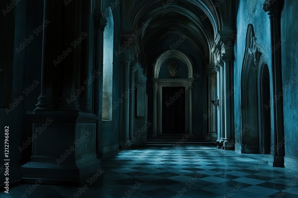 Dark Hallway, Palace Interior, Mysterious Door, Shadows, Gothic Architecture, Film Still Dark Hallway, Palace Interior, Mysterious Door, Shadows, Gothic Architecture, Film Still
