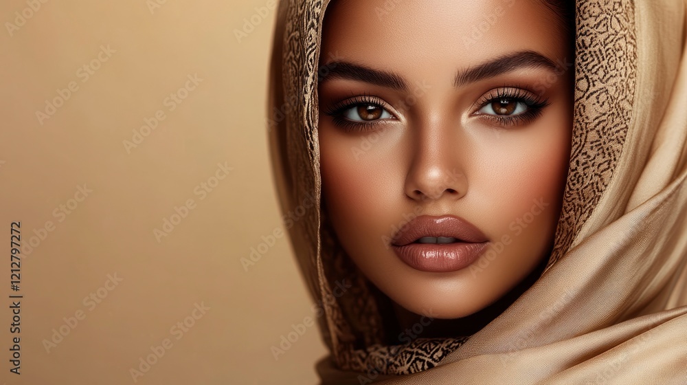 A close-up studio portrait of a stunning female model wearing an intricate Mocha Mousse silk scarf, smoky eyes and puffy lips A close-up studio portrait of a stunning female model wearing an intricate Mocha Mousse silk scarf, smoky eyes and puffy lips