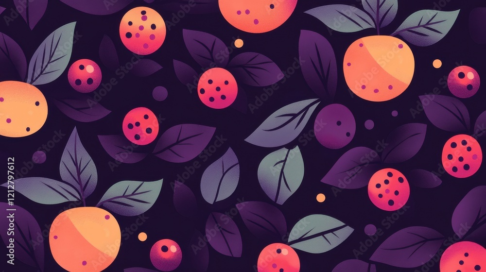 Minimalist Fruit Pattern Featuring Overlapping Berries and Leaves, Abstract Design, Digital Art, Vibrant Colors Minimalist Fruit Pattern Featuring Overlapping Berries and Leaves, Abstract Design, Digital Art, Vibrant Colors