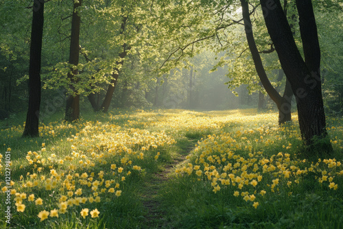 Fototapeta Naklejka Na Ścianę i Meble -  Yellow daffodils blooming in a sunlit forest path creating a magical springtime scene