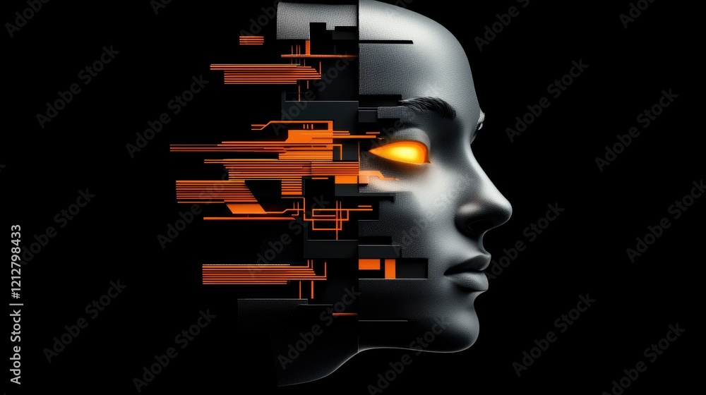 A half-human, half-cybernetic face glowing with digital elements and mechanical patterns, a perfect fusion of humanity and AI A half-human, half-cybernetic face glowing with digital elements and mechanical patterns, a perfect fusion of humanity and AI