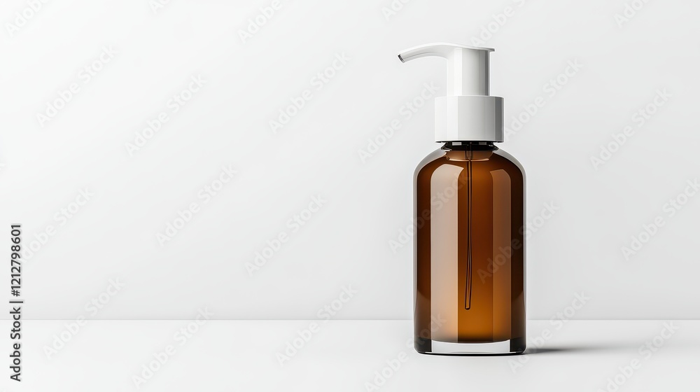 3d mockup Brown Glass Bottle with White Pump Designed for Cosmetic Products in Minimalist Studio Setting 3d mockup Brown Glass Bottle with White Pump Designed for Cosmetic Products in Minimalist Studio Setting