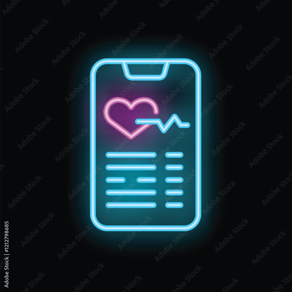 Neon sign of a smartphone displaying medical information with a heart shape and a heartbeat line Neon sign of a smartphone displaying medical information with a heart shape and a heartbeat line