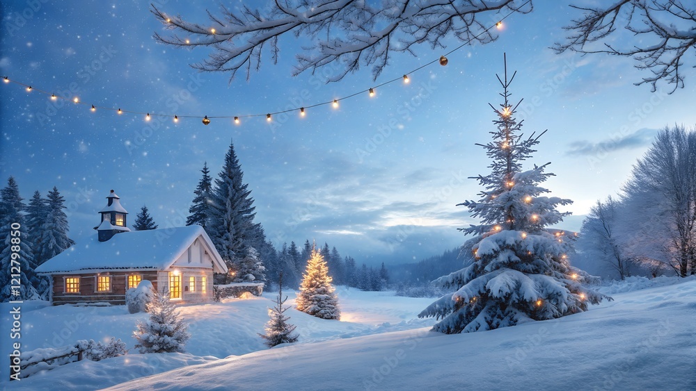 Fototapeta premium Winter snow background with house and decorative against blue sky