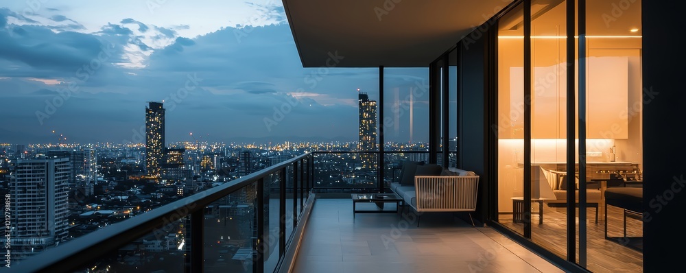 A high-rise apartment balcony with elegant outdoor furniture, overlooking a glowing urban city at night, perfect for modern luxury A high-rise apartment balcony with elegant outdoor furniture, overlooking a glowing urban city at night, perfect for modern luxury
