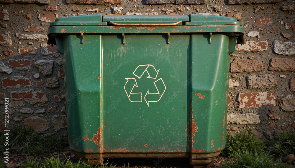 Rusty green recycling bin against brick wall
Rusty green recycling bin against brick wall