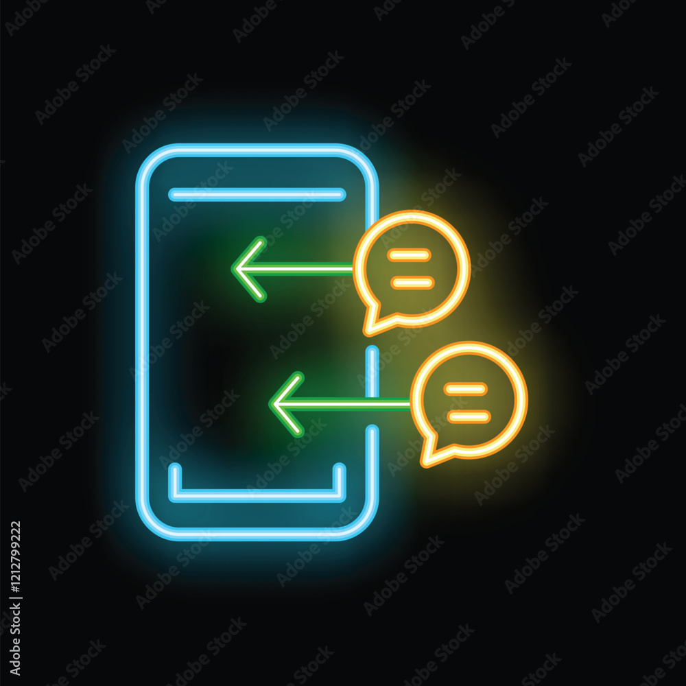Neon glowing icon of a smartphone exchanging instant messages with arrows Neon glowing icon of a smartphone exchanging instant messages with arrows