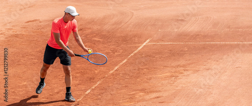 Male tennis player with racket and ball perform service, serve ball during game on outdoor clay courts. Young athlete play tennis on red court. Sports match or training. Background banner, copy space