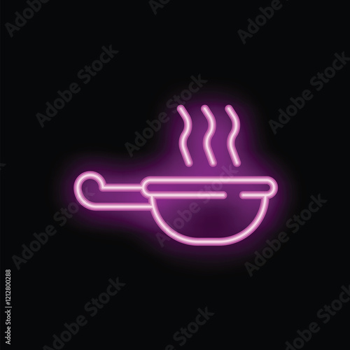 Bright pink neon sign of a wok pan cooking on a black background