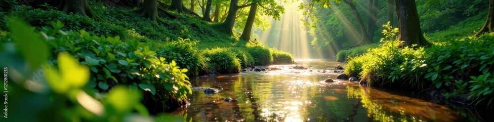 Sun-dappled river flows through lush green spring forest, river, life Sun-dappled river flows through lush green spring forest, river, life