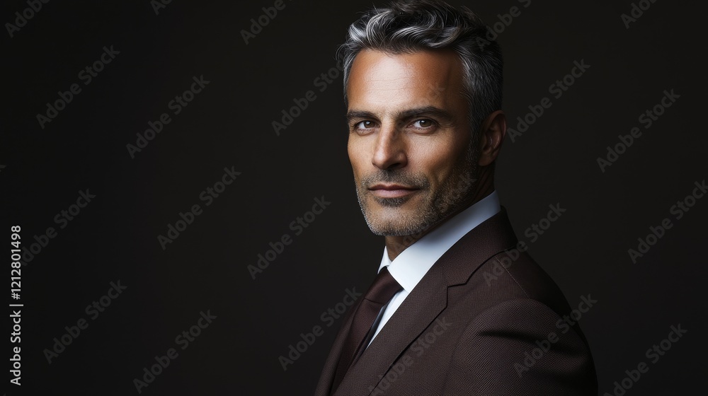Suave Business Mogul: Confident Middle-Aged Man in Crisp Suit with Dynamic Presence Suave Business Mogul: Confident Middle-Aged Man in Crisp Suit with Dynamic Presence
