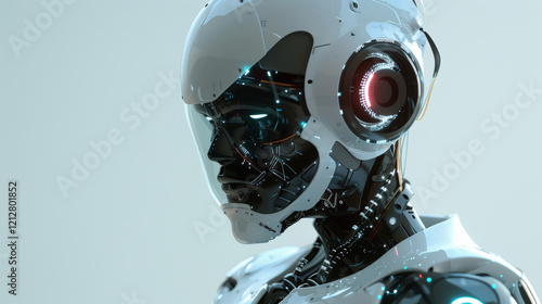 A futuristic robot with a white and black color scheme and glowing red lights on its head. photo