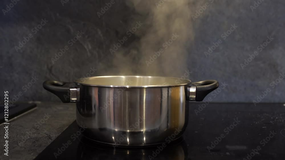 Cooking on the stovetop with steam rising from a pot in a modern kitchen setting during midday Cooking on the stovetop with steam rising from a pot in a modern kitchen setting during midday