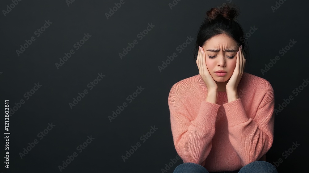 Young woman with sad expression feeling overwhelmed in a contemplative pose against a dark background Young woman with sad expression feeling overwhelmed in a contemplative pose against a dark background
