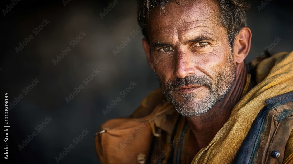 Nomadic Wanderlust - Portrait of a Middle-Aged Man Embracing his Adventurous Alter Ego in Dynamic Composition Nomadic Wanderlust - Portrait of a Middle-Aged Man Embracing his Adventurous Alter Ego in Dynamic Composition