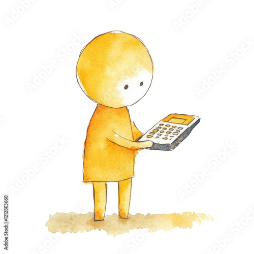 A watercolor illustration depicts a simple yellow figure holding and seemingly studying a small calculator. photo