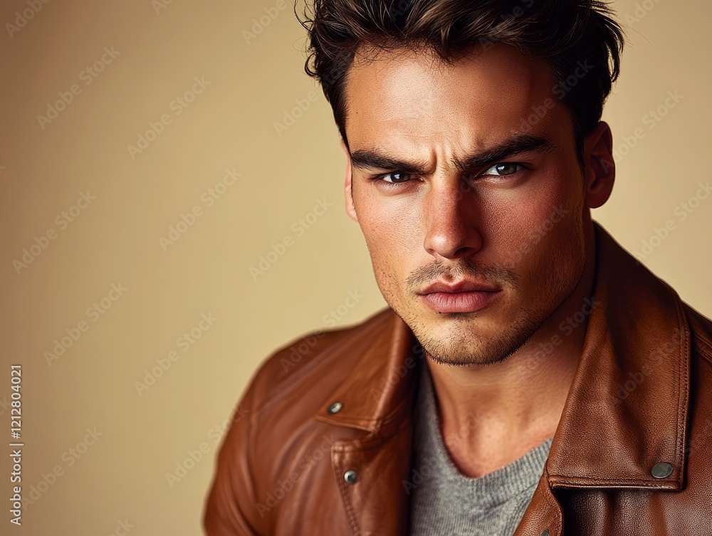 Fototapeta premium A sharp, high-quality close up portrait of a handsome male model in a Mocha Mousse colored leather jacket