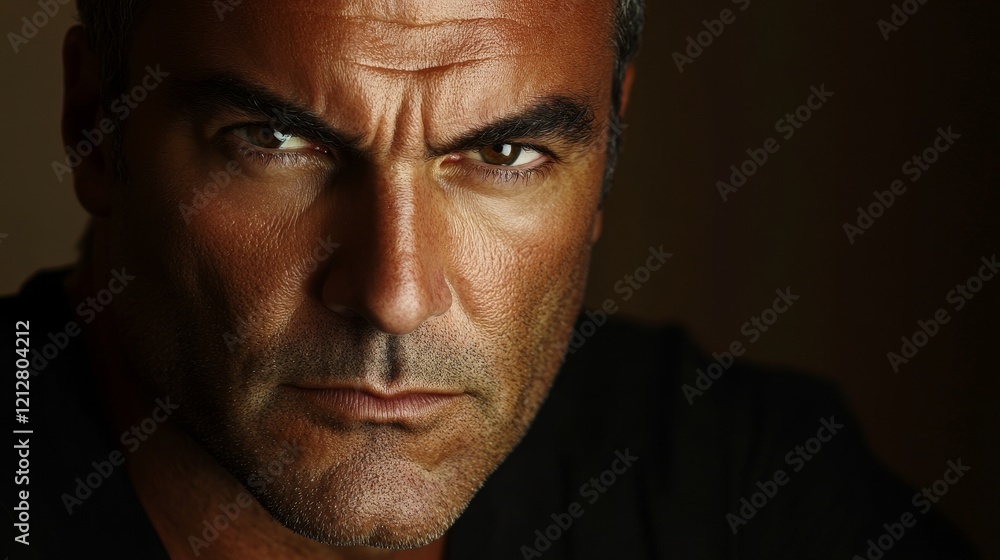 Guardian Valor: Portrait of a Middle-aged Man's Stoic Protector Alter Ego with Intense Gaze Guardian Valor: Portrait of a Middle-aged Man's Stoic Protector Alter Ego with Intense Gaze