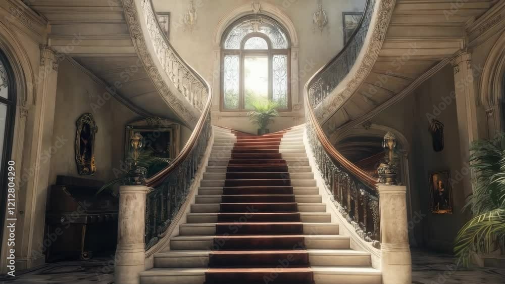 Grand staircase with sunlit arched windows in elegant historical mansion Grand staircase with sunlit arched windows in elegant historical mansion