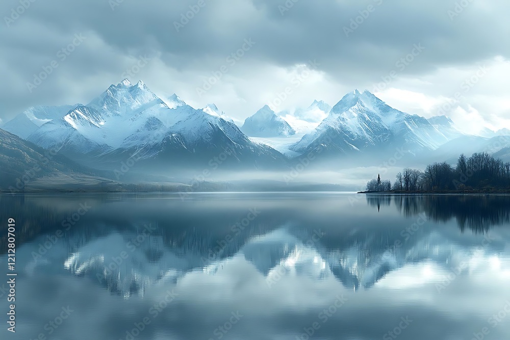 Serene lake reflecting snow-capped mountains under a cloudy sky. Serene lake reflecting snow-capped mountains under a cloudy sky.