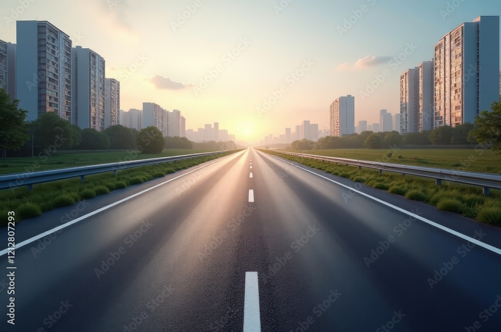 Fototapeta premium A cityscape unfolds at the end of an empty highway, bathed in the warm glow of the setting sun